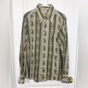 Vintage 70s Viking Olive Paisley Disco Shirt L